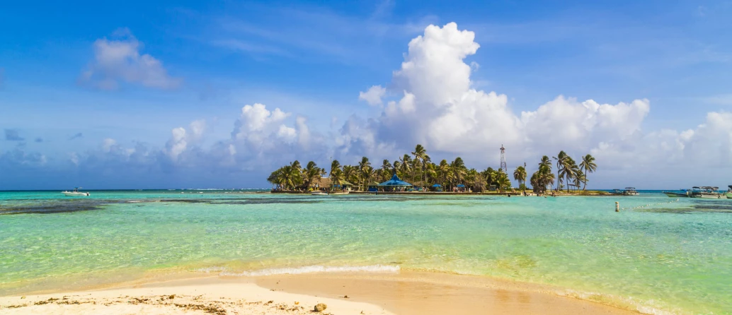 Praia deserta de águas verdes cristalinas com coqueiros ao fundo em dia ensolarado de céu azul em ilha tropical em San Andres.